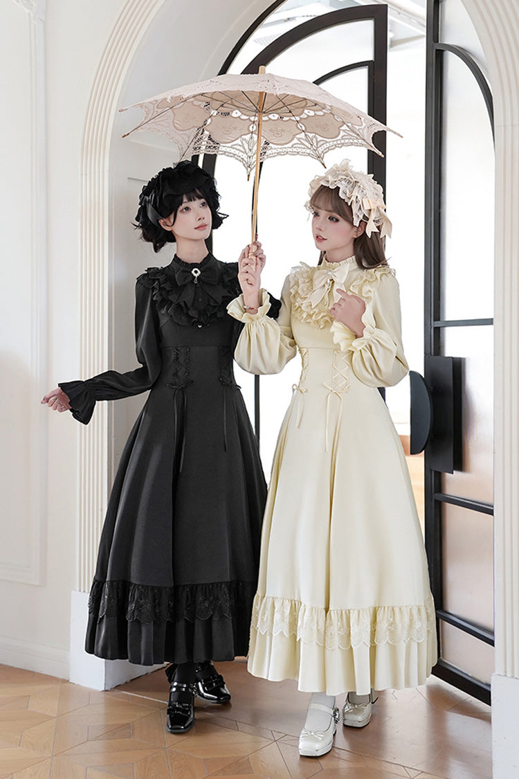 Stand Collar Gothic Dress with Long Sleeves and Lace-Up Ruffled Bow - Letters & Poems · Day and Night