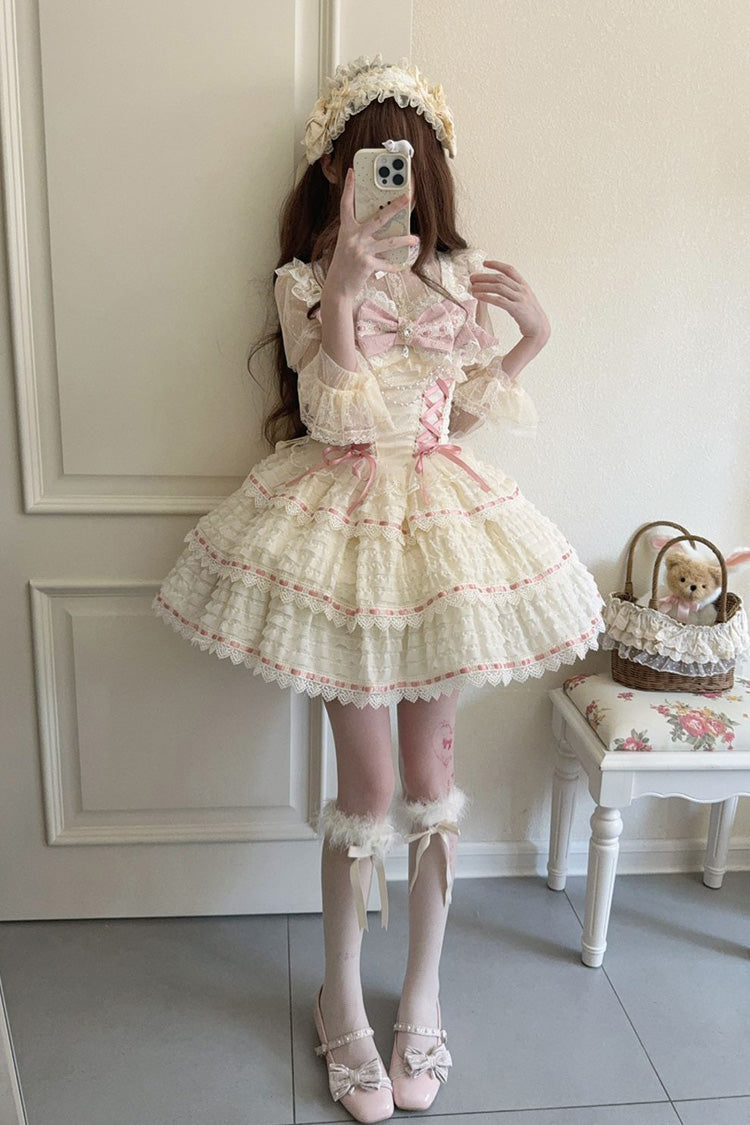 Apricot Floral Letters Song Sleeveless Triple-Layered Bow Lace-Up Sweet Lolita Jsk Dress