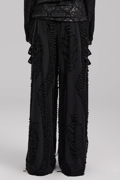 Men's Gothic Loose Pants with Horizontal Striped Ripped Distressed Detailing