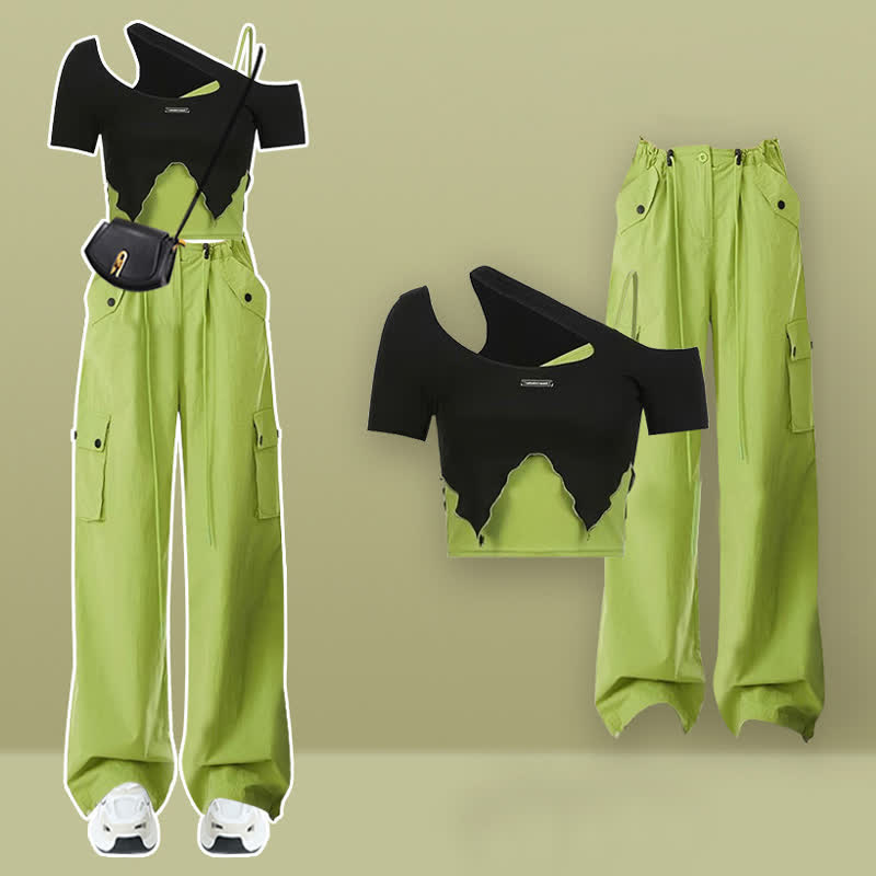 Oblique Colorblock Top Pocketed Pants Cargo Crop