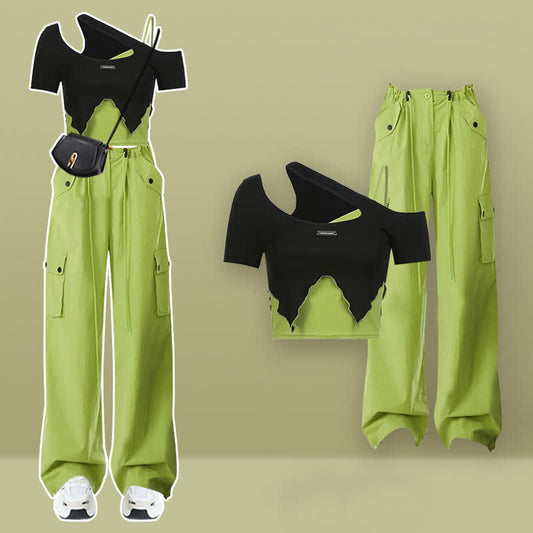 Oblique Colorblock Top Pocketed Pants Cargo Crop