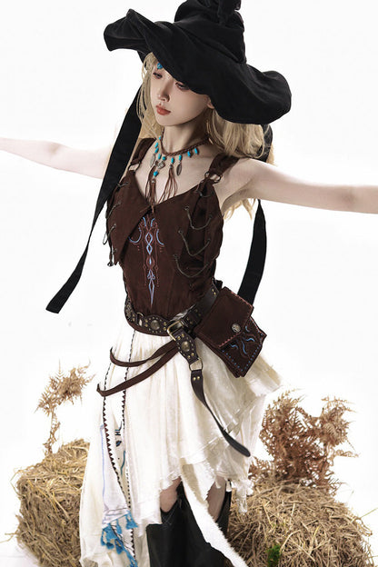Brown White Dune Shadow Seeker Sleeveless Ruffle Embroidered Irregular Vintage Lolita Skirt Set