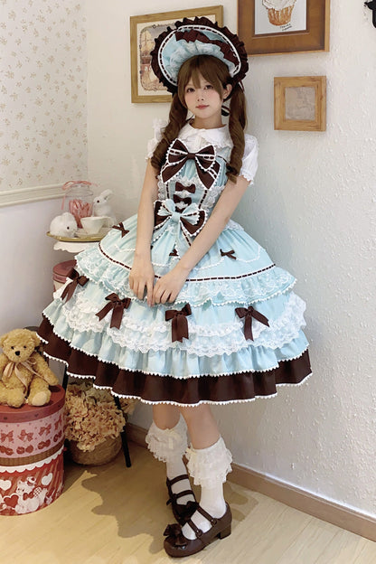 Mint Chocolate Fondant Cake Sleeveless Multi-Layer Ruffle Bow Lace Sweet JSK Dress