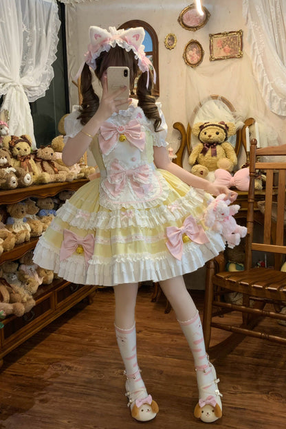 Meowling Sweet Maid Sleeveless Multi Layer Ruffle Bow Lace Princess Lolita JSK in Yellow