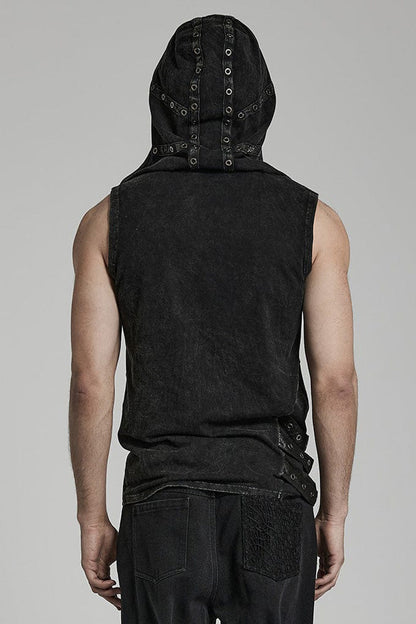 Hooded Punk Tank Top with Asymmetric Cut - NoirEdge