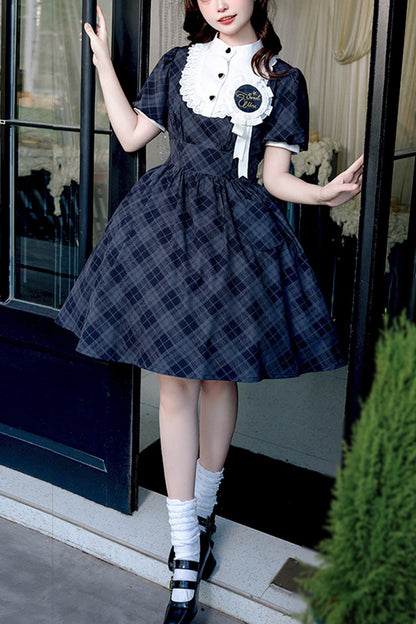 Showa Girls Summer Plaid Short Sleeves Classic Princess Lolita Dress