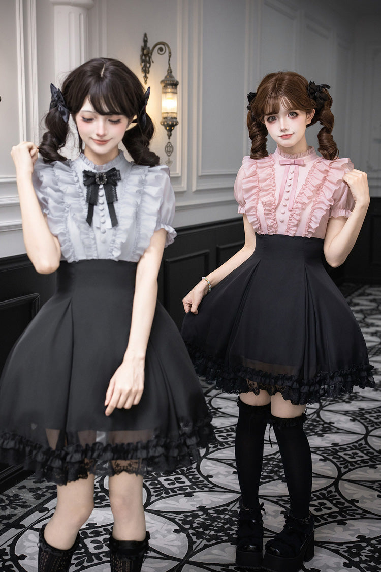 Puff-Sleeve Color-Blocked Faux Two-Piece Sweet Dress