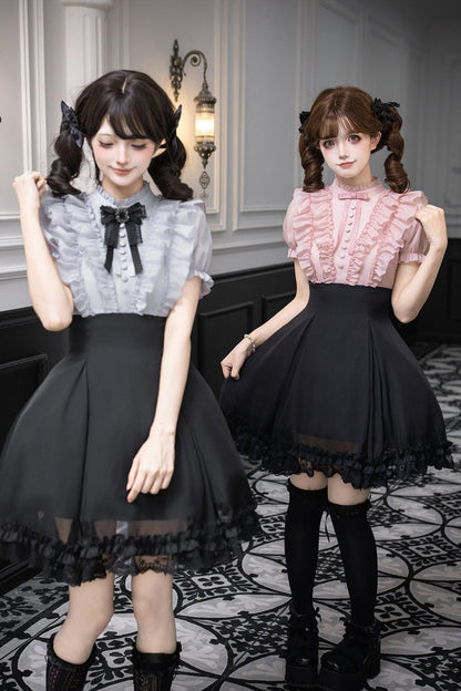 Puff-Sleeve Color-Blocked Faux Two-Piece Sweet Dress