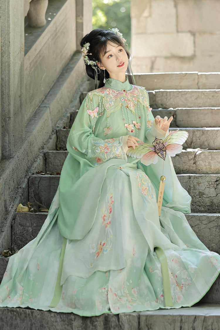 Emerald High-Waist Embroidered Hanfu Set - Spring Scenery