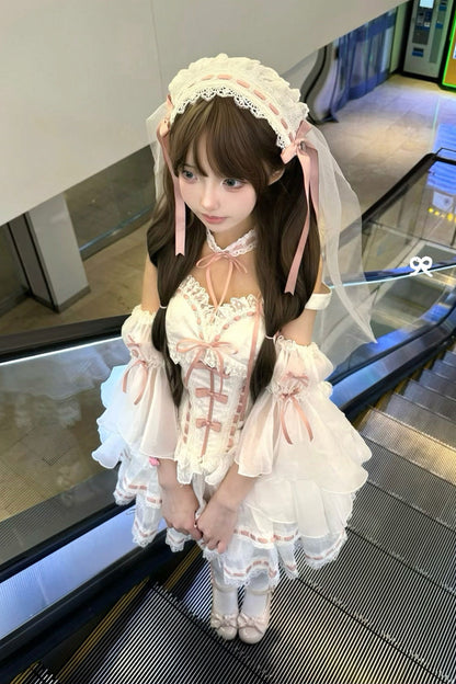White Little Love Song Detachable Flared Sleeves Ruffle Bow Lace Sweet Set