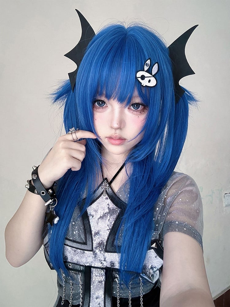 Blue 63CM Length Straight Wig With Full Bangs