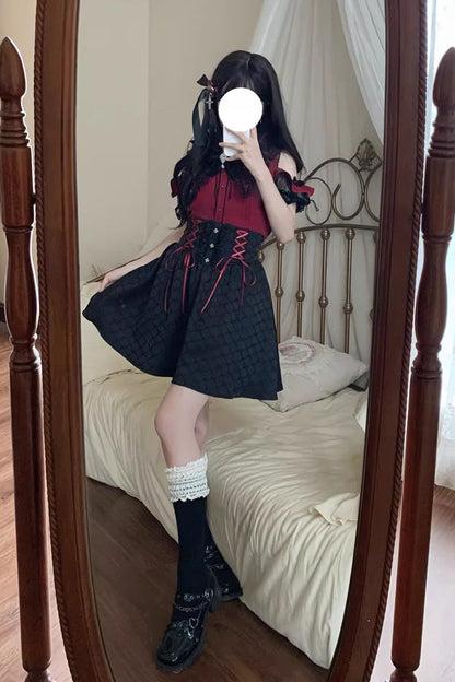 Overture to the Dead Off-Shoulder Jirai Kei Skirt Set - Noir