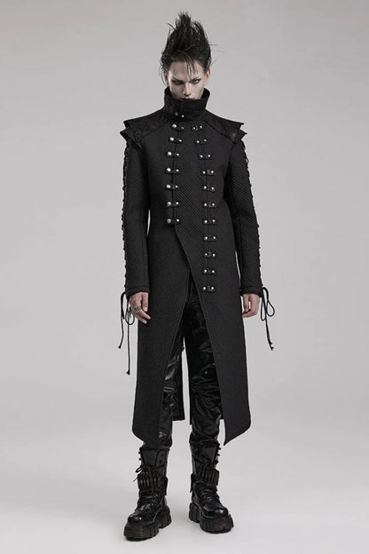 Men's Gothic Long Coat with Horizontal Stripes Eyelet String Side Detail