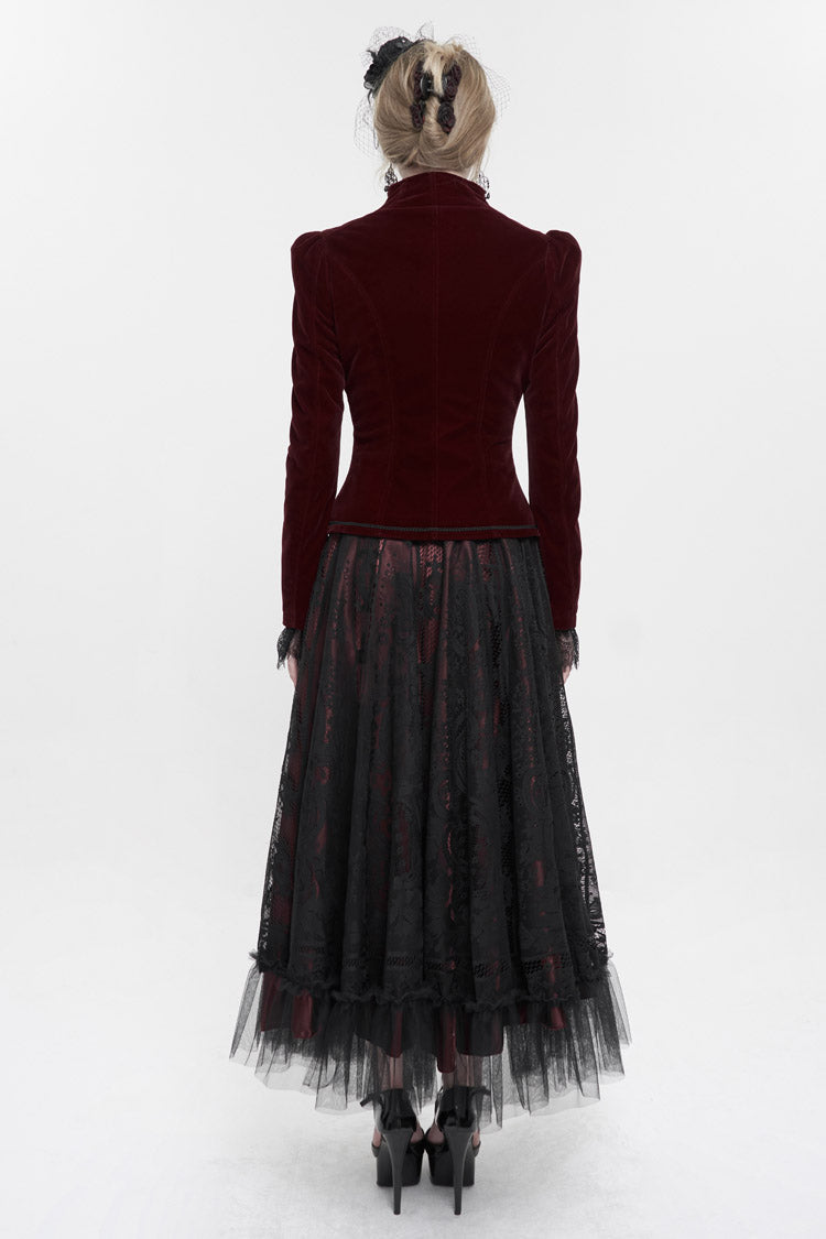 Crimson Mandarin Collar Velvet Chest Applique Pendant Zip Long Sleeve Goth Jacket