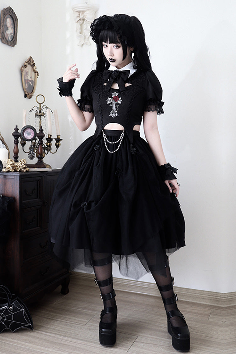 Black Rose Embroidered Gothic Lolita Dress Set with Cutout Top