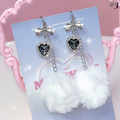 Pompons Rhinestone Detail Jirai Kei Ear Clips