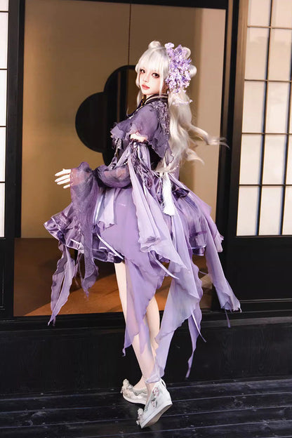 Embroidered Pearl Gothic Jumper Dress Set - Purple