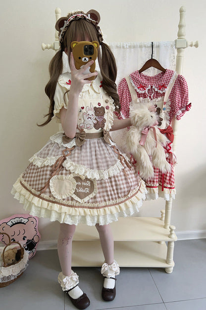 Rabbit Bear Plaid Ruffle Bow Sweet Lolita Skirt with Blouse