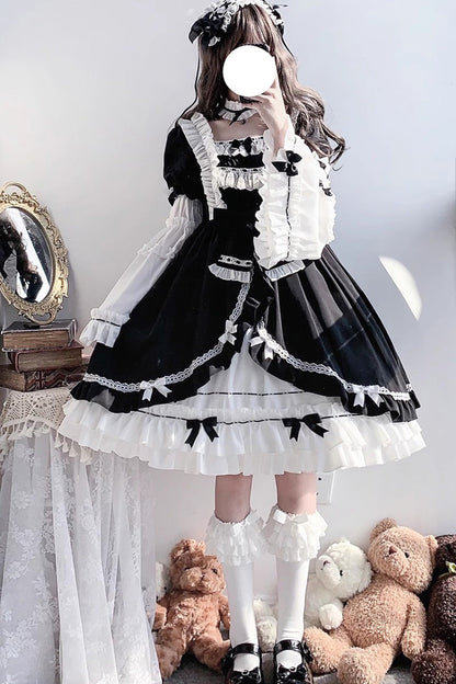 Hime Sleeves Gothic Princess Dress with Multi-Layer Ruffled Cardigan and Bow