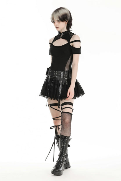 Lace-Up Punk Mini Skirt with Spliced Lace in Black Faux Leather