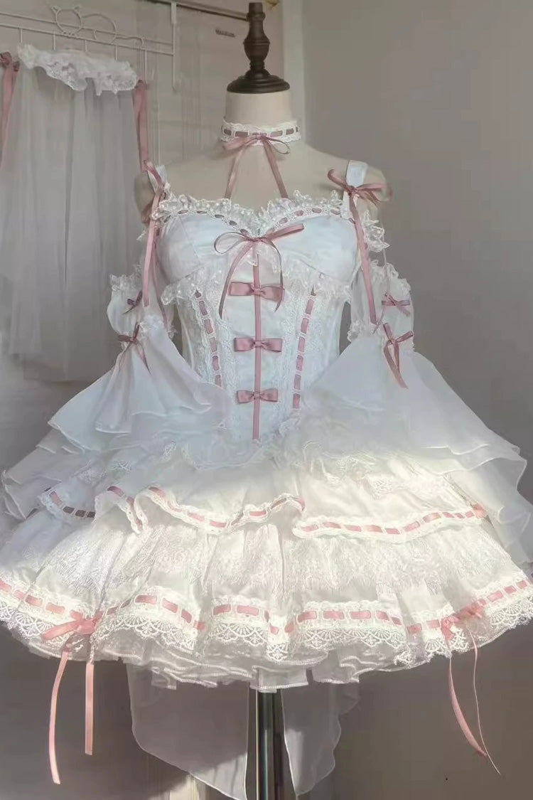 White Little Love Song Detachable Flared Sleeves Ruffle Bow Lace Sweet Set