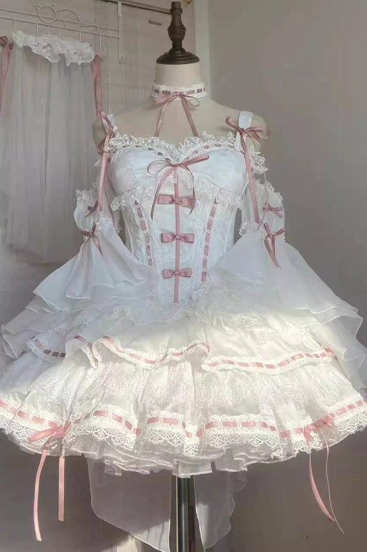 White Little Love Song Detachable Flared Sleeves Ruffle Bow Lace Sweet Set