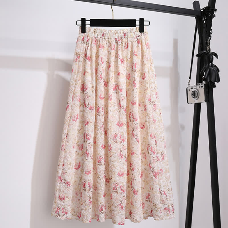 Pink Puff Sleeve T-Shirt Floral Print Pleated Skirt