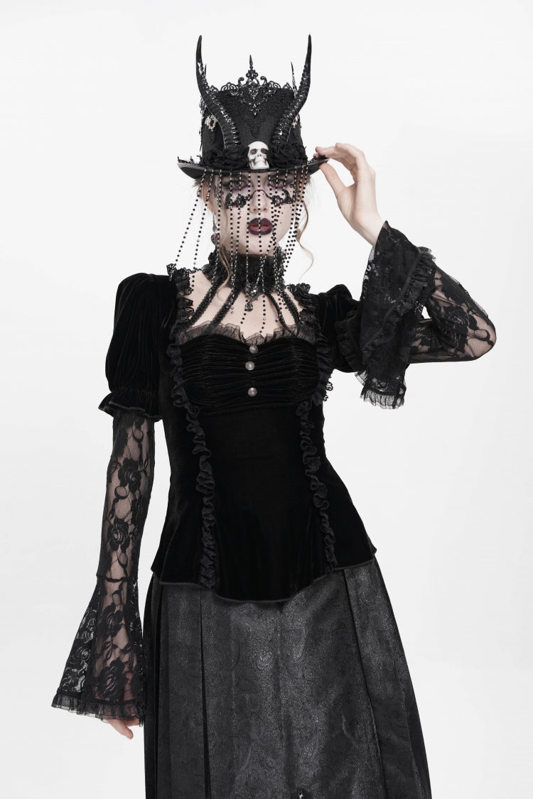 Faux Two-Piece Velvet Blouse with Eyelet and Pleats