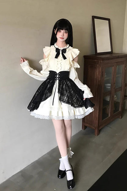 Black Beige Dark Chocolate Champagne Stand Collar Off Shoulder Long Sleeve Double Layer Ruffle Sweet Japanese Lolita Dress