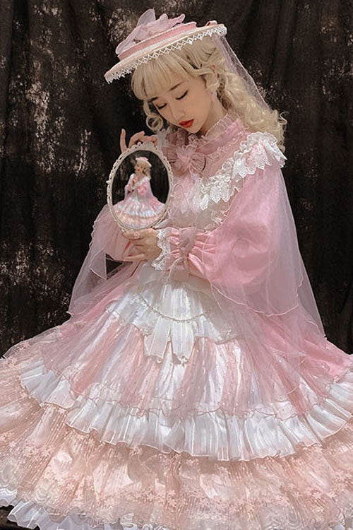 Pink OP Tiered Dress Sweet Lolita Long Sleeves Bowknot Ruffled - Altfashion Shop