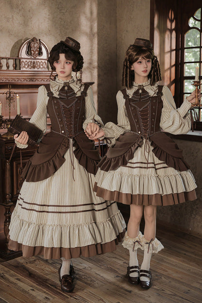 At Sunset Round-Collar Lantern-Sleeved Double-Layered Printed Ruffled Classic Lolita Dress in Beige and Brown, 2 Versions