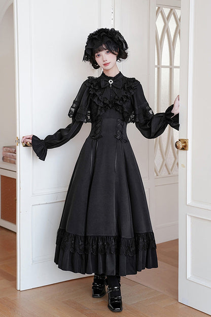 Stand Collar Gothic Dress with Long Sleeves and Lace-Up Ruffled Bow - Letters & Poems · Day and Night