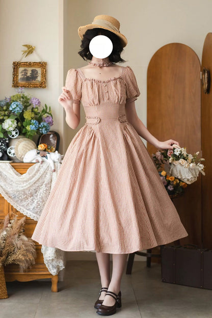 Chantilly Forest Square Collar Striped Printed Ruffled Classic Vintage Dress