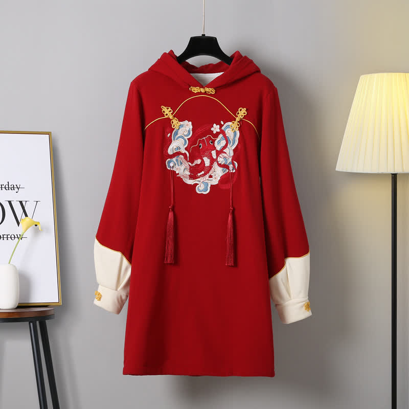 Koi Fish Fringed Buckle Hoodie Sweatshirt Dress