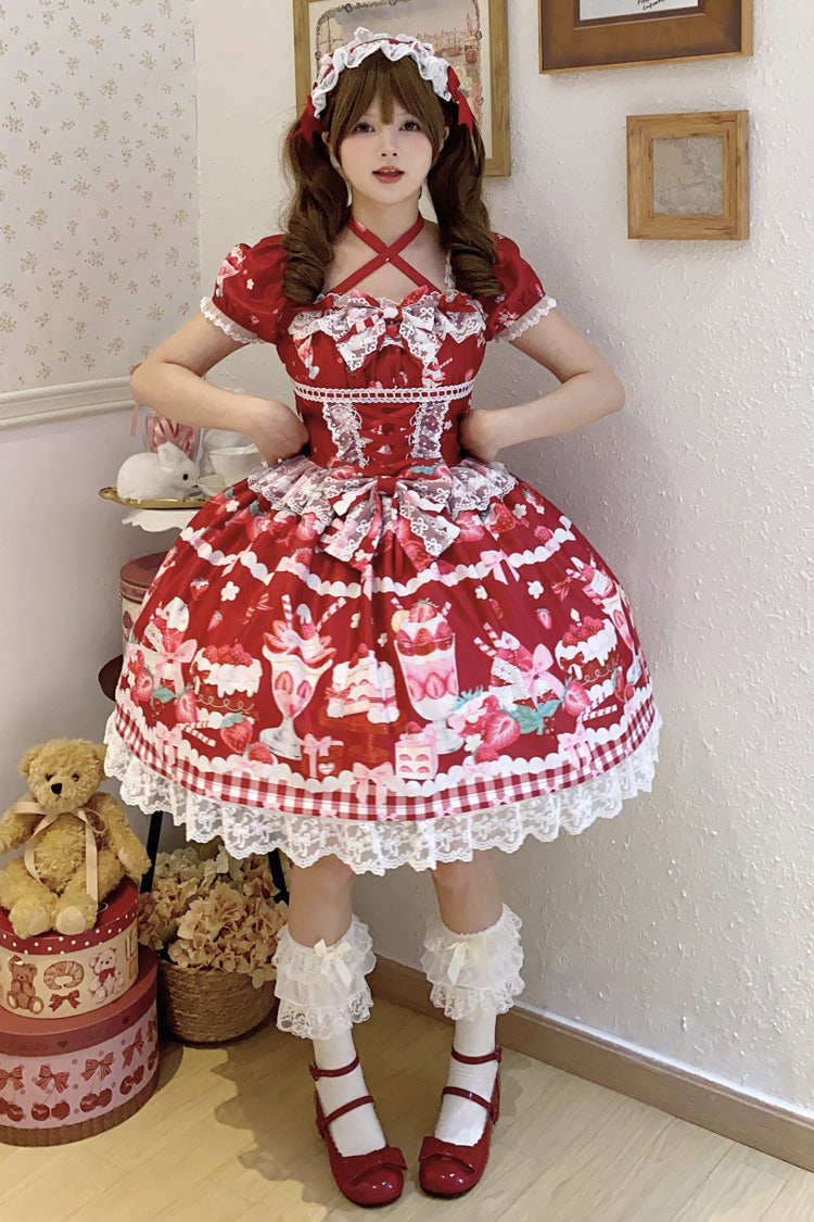 Red Strawberry Parfait Print Short Sleeve Ruffle Bow Lace Lace-Up Sweet Lolita Dress