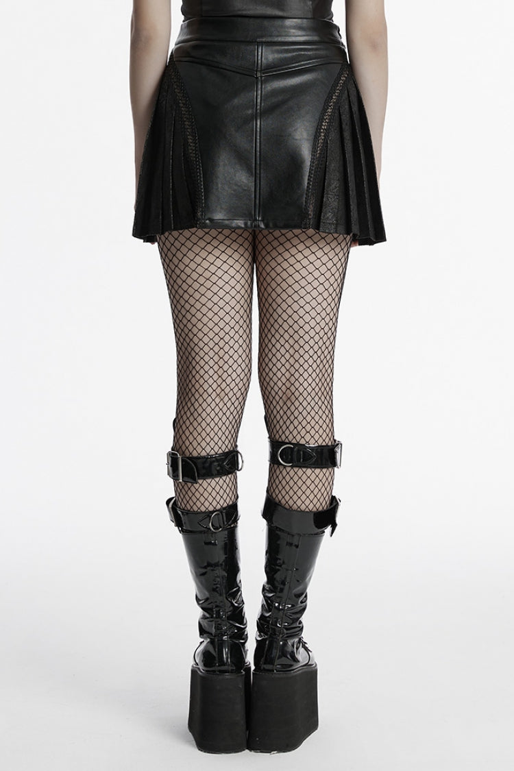 Pleated Punk Skirt with Stitching in Black Faux Leather for Women