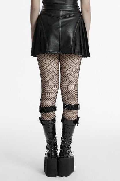 Pleated Punk Skirt with Stitching in Black Faux Leather for Women