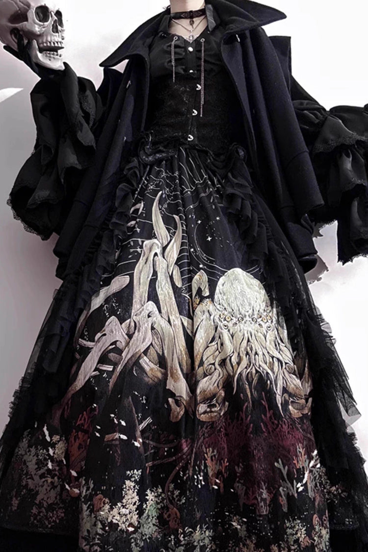 Long Hime Sleeves Gothic Skirt Dress Set with Printed Lace - Reborn Ancient God