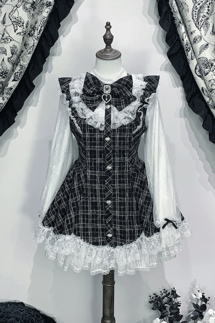 Lunar Eclipse Doll Plaid Printed Ruffled Bow Lace Sweet Jirai Kei Japanese Dress Shorts Set