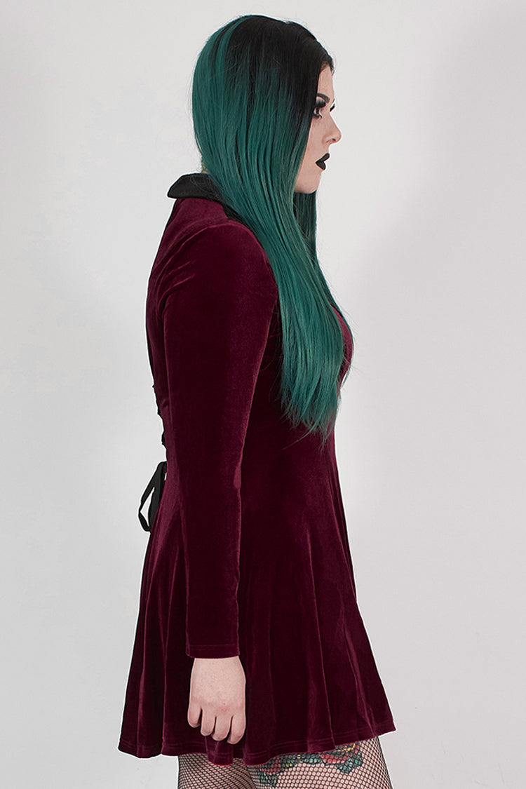 Crimson Velvet Chest Cutout Back Lace-Up Long Sleeve Plus-Size Goth Gown