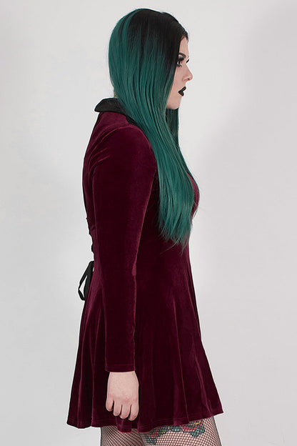 Crimson Velvet Chest Cutout Back Lace-Up Long Sleeve Plus-Size Goth Gown
