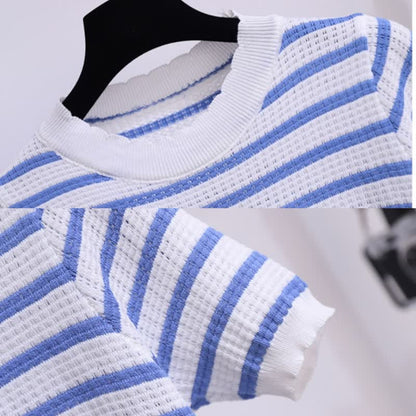 Skirt Stripe High Waist Denim Blue T-Shirt Knitted