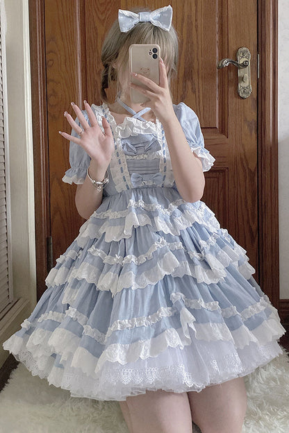 Blue Halter Sweet Lolita OP Dress with Lace and Ruffled Short Sleeves