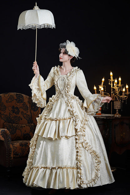 Classic Palace Dress with Square Collar & Trumpet Sleeves