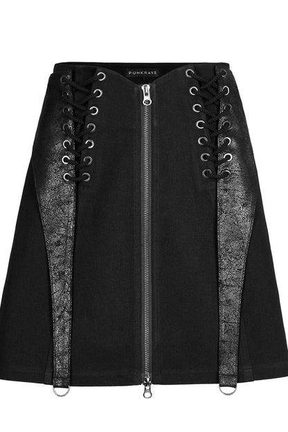 High Waist Punk Skirt with Cross Strap and Metal Zipper in Black Faux Leather