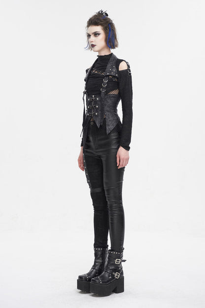 Lace-Up Black Asymmetric Gothic Vest with Detachable Collar