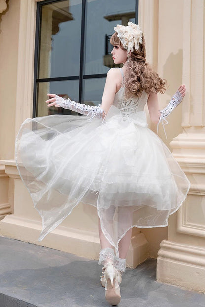 White Sleeveless Ruffled Sleeping Garden Hanayome Bow-Trim Sweet Lolita JSK Dress