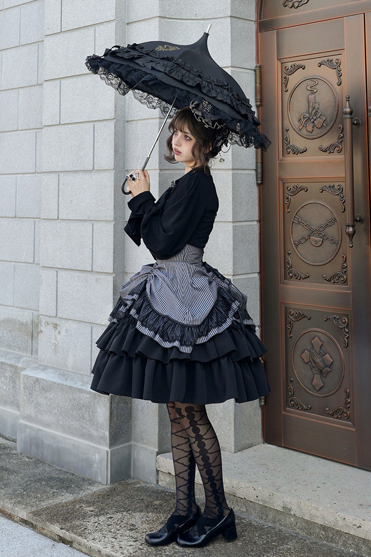 Black Point Manor Multi-Striped Print Ruffled Bow Hem Gothic Lolita Skirt