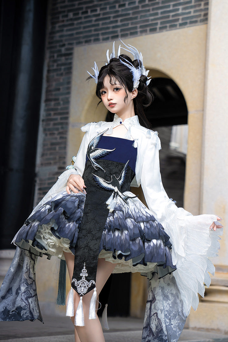 Dark Blue Feathered Finch Multi-Layer Print Ruffle Classic Chinese Style JSK Dress Set