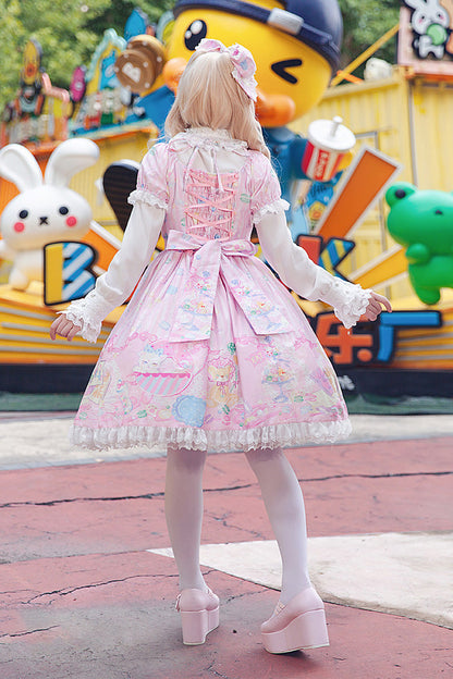 Rose Square Collar Short Puff Sleeve Bow Print Sweet Lolita Gown - Macarons Dolly House